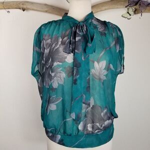 Sweet Pea teal sheer short sleeve blouse tie neck